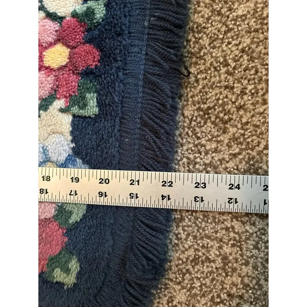 Vintage Navy Floral Contour Plush Rug Fringe Bathroom Toilet M Grannycore
